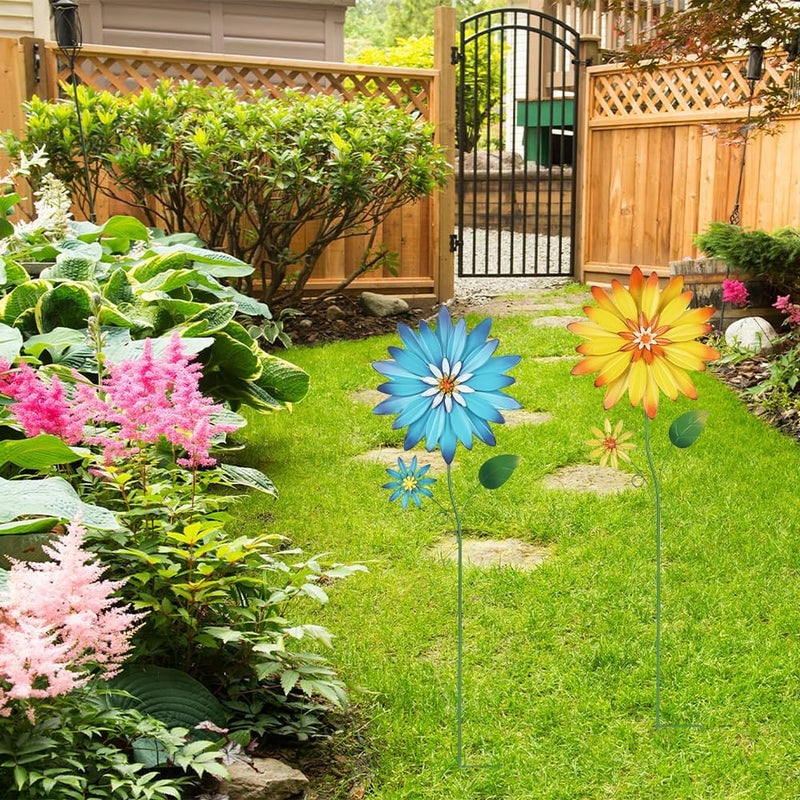 YEAHOME Garden Decor for Outside, 35.4“ Set of 2 Metal Flowers Decorative Garden Stakes for Spring Decor, Yard Art Flower Stakes for Outdoor Lawn Backyard Porch Garden Decorations (Yellow, Blue) - Image 5